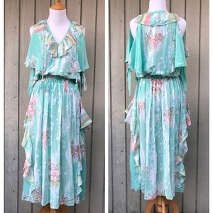 Vintage 80s Diane Freis Prairie Peasant Mixed Floral Ruffle Mint Midi Dress S
